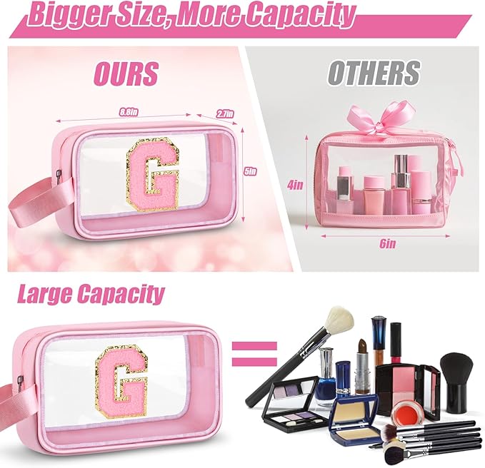 Initial Makeup Bag,Letter G Cute Clear Monogrammed Cosmetic Travel Bag for Womens Girls,Personalized Pink Aesthetic Traveling Make Up Organizer Bag for Beach,Waterproof Toiletry Bag