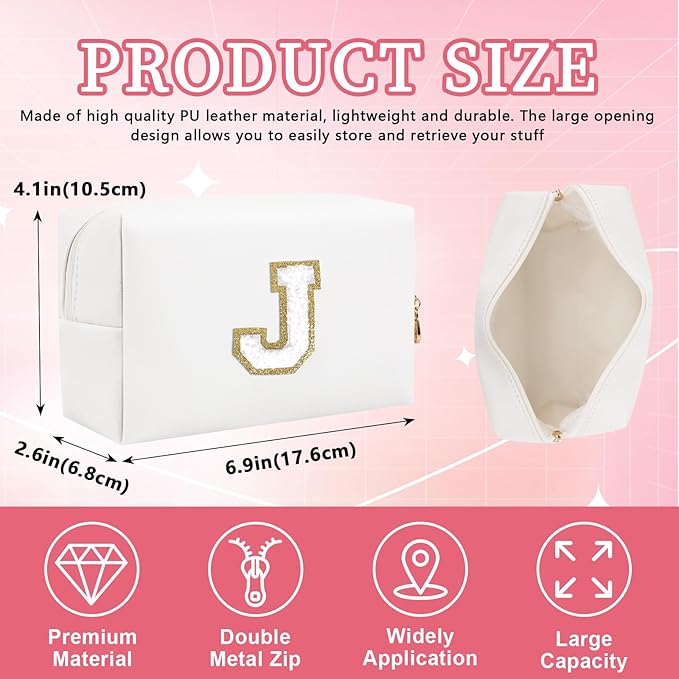 Personalized Initial Letter Patch Makeup Bag, Preppy Portable Chenille Letter Cosmetic Bag with Zipper, PU Leather Waterproof Travel Toiletry Bag Monogram Make Up Pouch for Women Girls(Letter J)