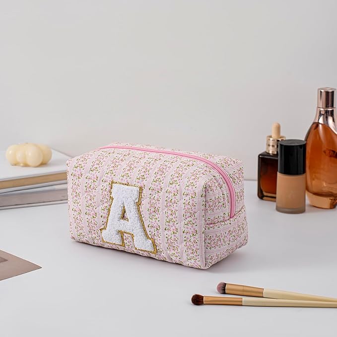 JOVAKIT Makeup Bag Cosmetic Bags for Women, Christmas Gifts for Girls Age 6-18, Alphabet Pink Floral Coquette Zipper Travel Makeup Pouch, Organizer Case Trendy Stuff (Pink+ Blue A)
