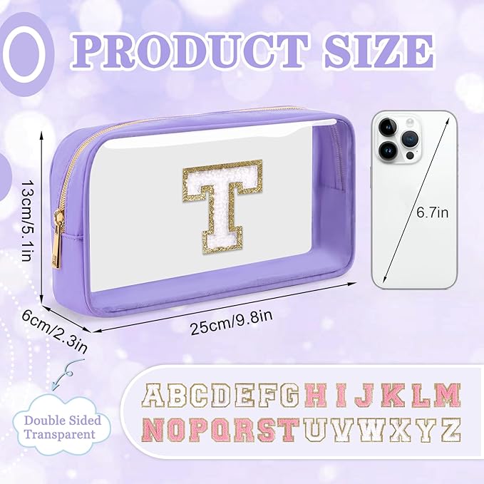 Small Clear Personalized Initial Makeup Bag,Preppy Nylon A-Z Chenille Letter Patch Makeup Organizer TSA Approved Travel Toiletry Bag,Waterproof Zip Beach Cosmetic Pouch Purse for Women(Purple-White T)