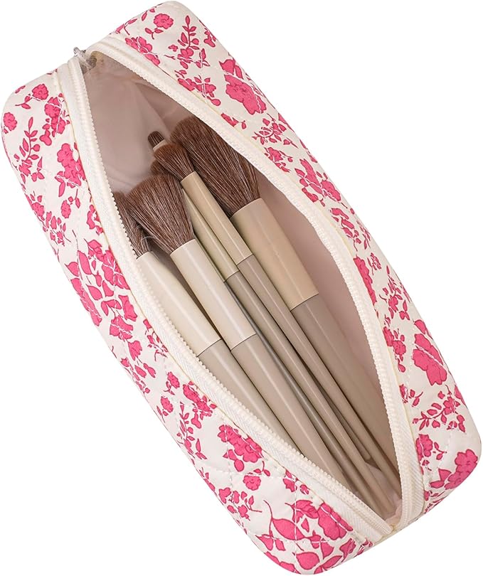 Cute Floral Cotton Makeup Brush Cosmetic Bag for Women, Travel Quilted Zipper Make Up Bag, Flowers Toiletry Organizer Case Kawaii Makeup Cosmetic Travel Cloth Pouch (Big Red Floral)