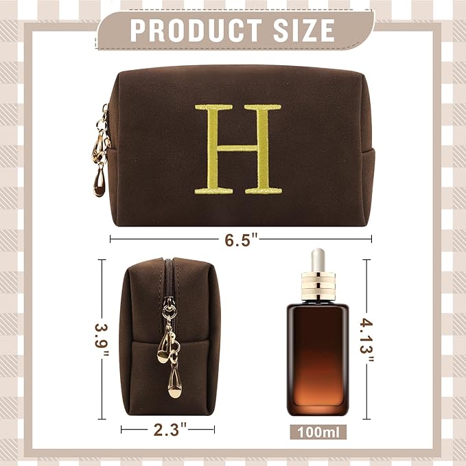 Personalized Initial Makeup Bag,Preppy Suede Cosmetic Bag for Teen Girls,Small Monogram Travel Toiletry Bag With Gold Embroidered Letter,Trendy Stuff Custom Christmas Gift for Women(Coffee-H)