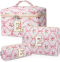 Personalized Initial Makeup Bag Set, Quilted Makeup Bag, Large Floral Cosmetic Bag for Women, Cute Cotton Custom Make up Bags, Flower Travel Toiletry Bag Teen Girl Gift Trendy Stuff Gift E