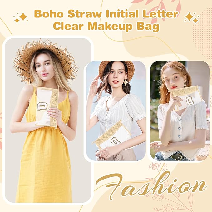 Personalized Initial Letter Bag Boho Straw Clear Makeup Bag,Small Cute Chenille Varsity Letter Pouch With Zipper,Beach Travel Toiletry,Portable Monogrammed Cosmetic Bag for Women Girls,Q