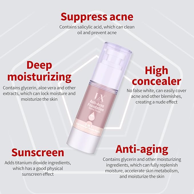 Acne-serum Foundation with Salicylic Acid & Vitamin E, Sensitive Skin Foundation Vegan & Non-Comedogenic for Acne Prone Skin Care, 106 Light