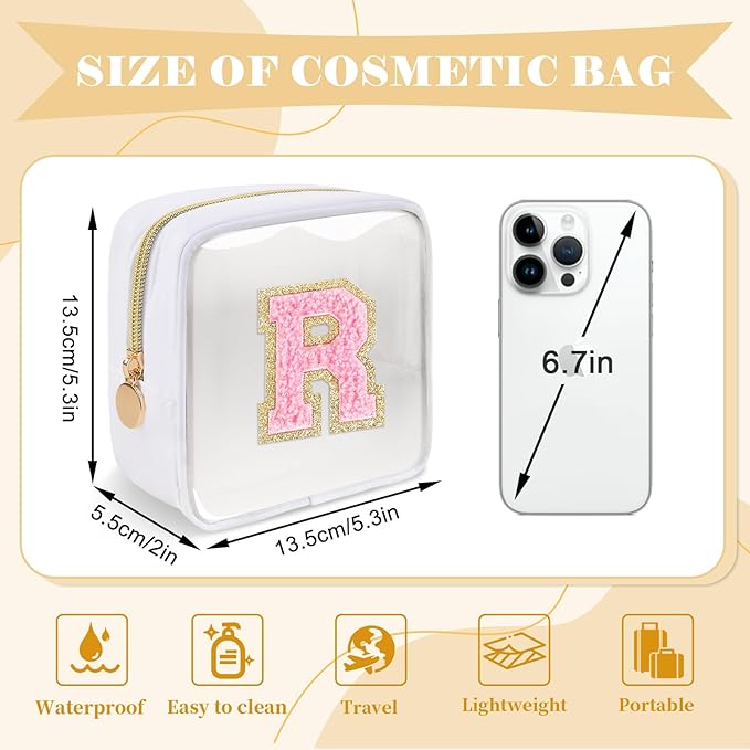 Personalized Initial Letter Clear Preppy Makeup Bag,Mini Nylon Chenille Letter Cosmetic Bag Cute Zipper Pouch Purse for Teen Girls,Portable TSA Approved Beach Travel Essentials Bag Gift for Women,R