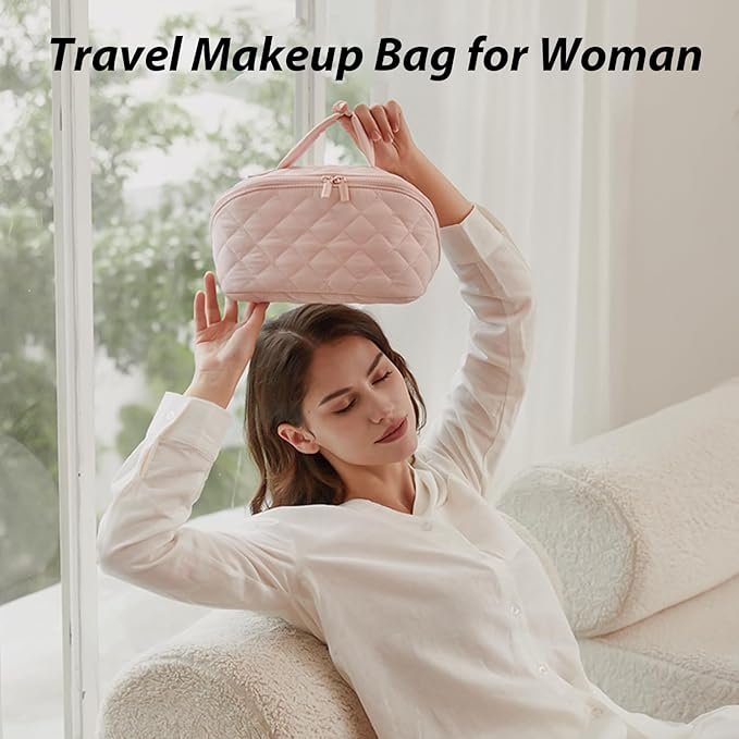Makeup Bag for Woman, 180° Lay Flat Wide Open Makeup Bags, Large Fold out Washable Cosmetic Case, Quilted Puffy Toiletry Bags for Toiletries (Khaki)