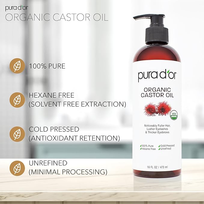 PURA D'OR 16 Oz ORGANIC Castor Oil - 100% Pure USDA Certified Cold Pressed, Hexane Free Eyelash & Eyebrow Serum - For Fuller, Thicker Lashes & Brows - Skin & Hair Moisturizer - Bulk Size