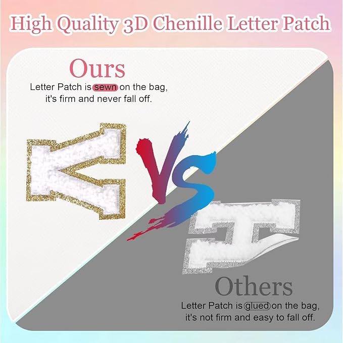 Small Personalized Letter Makeup Bag, Cute PU Leather Chenille Letters Cosmetic Bag Travel Makeup Pouch, Preppy Travel Organizer Zipper Pouch for Women&Girls（White-K）