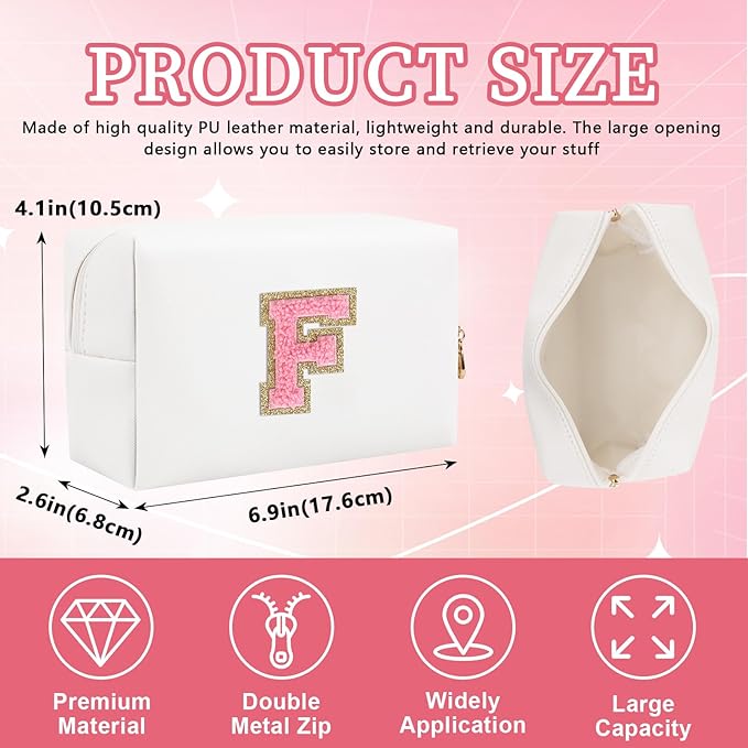 Personalized Initial Letter Patch Makeup Bag, Preppy Portable Chenille Letter Cosmetic Bag with Zipper, PU Leather Waterproof Travel Toiletry Bag Monogram Make Up Pouch for Women Girls(Letter F)
