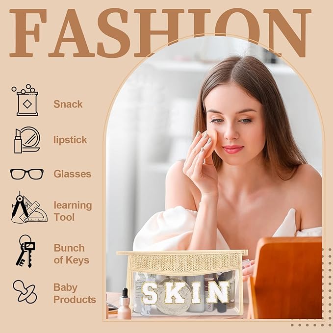 Small Boho Straw Clear Skin Makeup Bags for Women&Girls, Zipper Cosmetic Bag Chenille Varsity Letter Patch Bag, Preppy Cute Toiletry Pouch, Trendy Organizer Storage Bag for Beach Travel Essentials