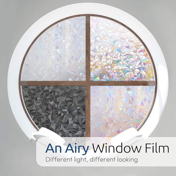 rabbitgoo Window Privacy Film Rainbow Film Decorative Window Sticker, 3D Static Stained Glass Cling Tint for Home Heat Control Non-Adhesive, 35.4 x 118.1 inches