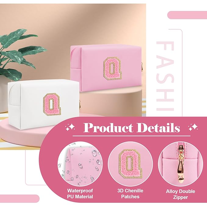 Personalized Initial A-Z Preppy Patch Makeup Bag,Small PU Leather Chenille Letter Cosmetic Bag with Zipper for Teen Girls,Pink Cute Travel Toiletry Bag,Birthday Monogrammed Gift for Daughter,Letter Q