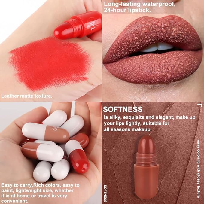 evpct 18 Pcs Capsule Pills Lipstick Mini Matte Lipstick Set for Women Long Lasting labiales mate 24 horas originales Deep Red 24 Hours Waterproof Stay on Lip liner Set Sampler