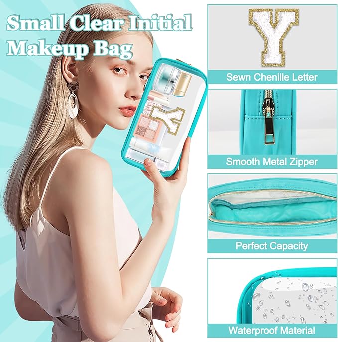 Small Clear Personalized Initial Makeup Bag, Preppy A-Z Chenille Letter Patch Cosmetic Bag, Cute Transparent Nylon Waterproof Zipper Beach Varsity Letter Pouch, Gift for Women Girls(Cyan-White Y)