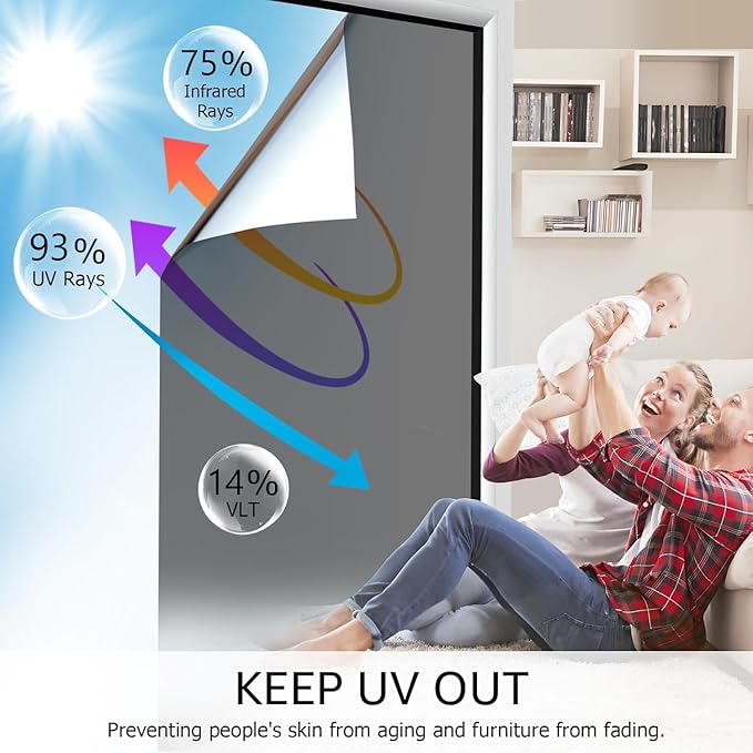 HIDBEA One Way Window Film, Daytime Privacy Sun Blocking Reflective Window Film No Glue Static Cling Heat Control Window Tinting Film for Home and Office, Black Silver, 45.3 x 157.5 Inch