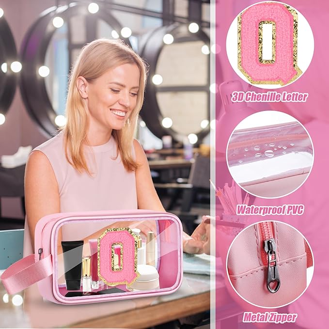 Initial Makeup Bag,Letter Q Cute Clear Monogrammed Cosmetic Travel Bag for Womens Girls,Personalized Pink Aesthetic Traveling Make Up Organizer Bag for Beach,Waterproof Toiletry Bag