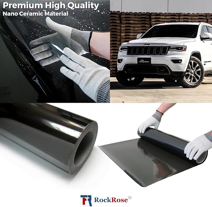 RockRose 20% Nano Ceramic Car Window Tint 12 in x 100FT 2PLY Privacy Film Heat Block, 99% UVR, and 85% IRR Block for Auto or Home Strong Adhesive, Easy Shrink, Plotter Friendly - Charcoal