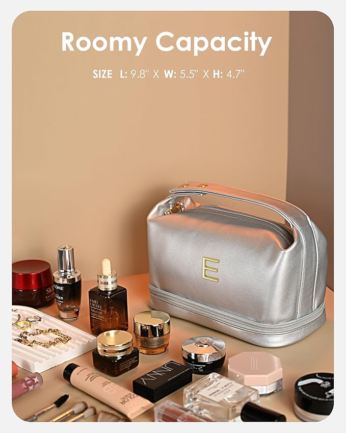 Teen Girl Gifts Trendy Stuff, Makeup Bags for Women with Handle, Initial Double Layer Cosmetic Bag with Makeup Brush Organizer, Cute Cosmetic Pouch for Women, Gifts for Friends Female Mom