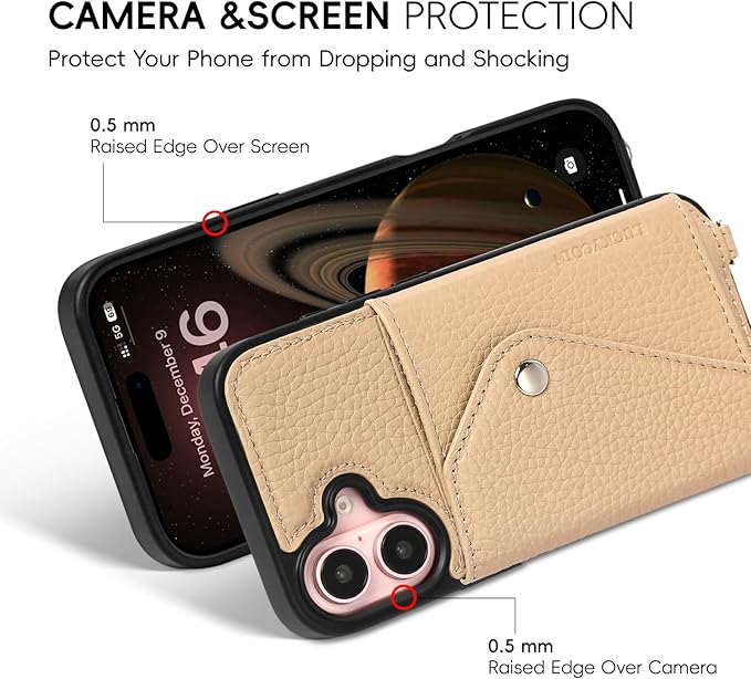 LUCKYCOIN Crossbody Wallet Phone Case for iPhone 16,100% Genuine Leather Wallet Phone Case with Expandable Flip Card Holder,Phone Purse for Women with Adjustable Removable Strap - Pebble Beige