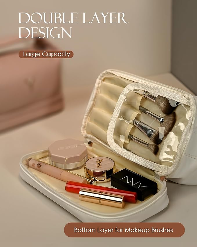 Gifts for Women Birthday, Personalized Makeup Bag Organizer with Handle, Initial Double Layer Cosmetic Bag with Makeup Brush Organizer, Cute Cosmetic Pouch for Women, Gifts for College Girls