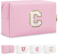 Personalized Initial Letter Makeup Bag, Preppy Glitter Letter Patch Cosmetic Pouch Zipper,PU Waterproof Travel Toiletry Bag Cute Makeup Organizer Monogrammed Make Up Bag,Gift for Women Girls