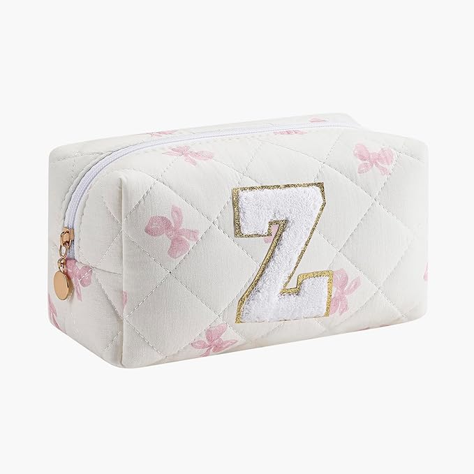 Gleyemor Personalized Initial Makeup Bag for Women, Cute Quilted Pink Floral Cotton Cosmetic Bag, Christmas Gifts for Her Mom Friend Sister Bridesmaid Teacher Women Z