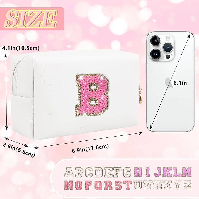 Personalized Initial Letter Makeup Bag, Preppy Glitter Letter Patch Cosmetic Pouch Zipper,PU Waterproof Travel Toiletry Bag Cute Makeup Organizer Monogrammed Make Up Bag,Gift for Women Girls(Letter B)