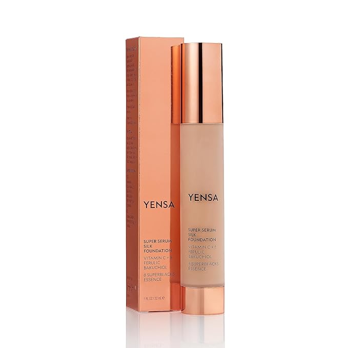 YENSA Serum Foundation Makeup - Super Silk Full Coverage Foundation Enriched with Peptides, Vitamin C & Ferulic Acid to Help Reduce Fine Lines, Wrinkles & Dark Circles - Deep 4 (1 oz)