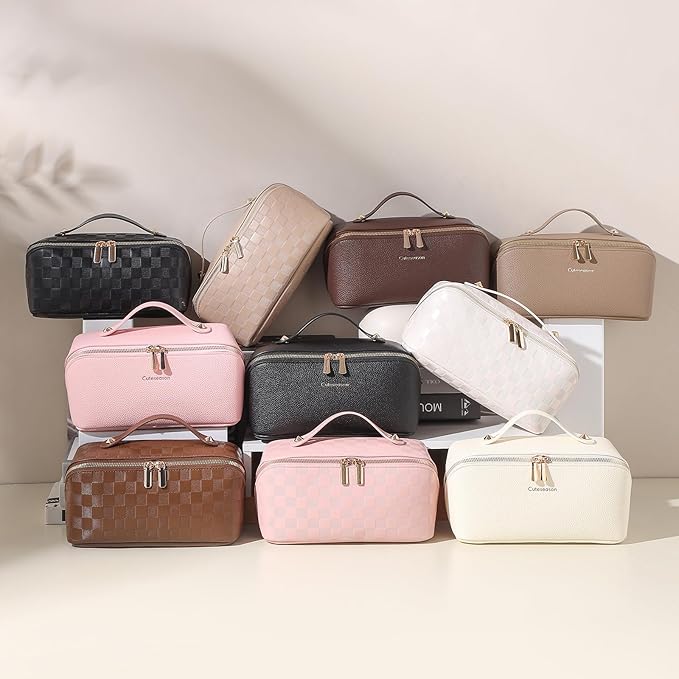 Makeup Bag, Travel Toiletry Bag for Women, Large Capacity Waterproof PU Leather Cosmetic Bags Make Up Organizer Bags with Headband and Wristband Set (White, Lychee Pattern)