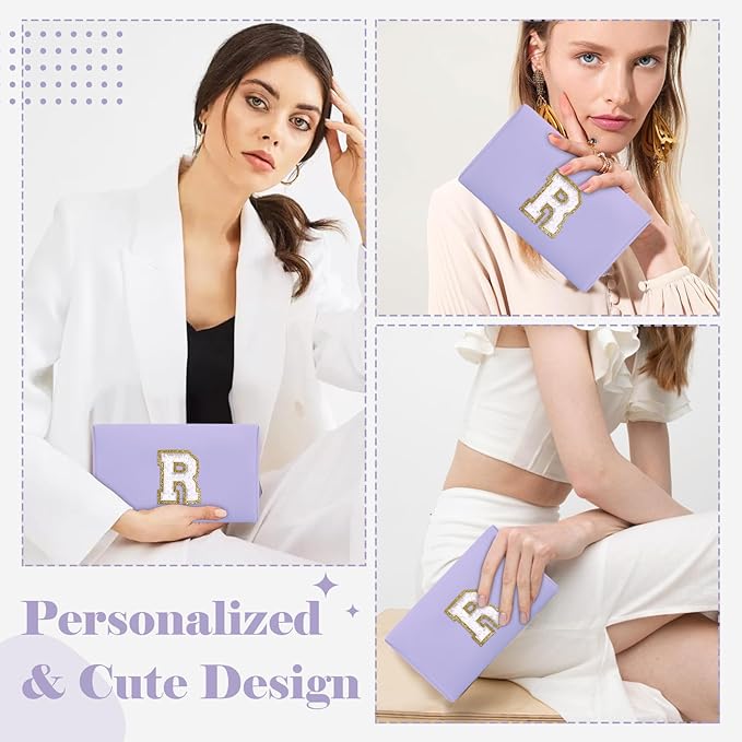 Personalized Makeup Bag Initial A-Z Preppy Patch Bag,Small PU Leather Travel Cosmetic Bag Pouch with Zipper,Purple Cute Toiletry Bag,Gift Ideal for Teen Girls Women Birthday Friend Mom,Latter R