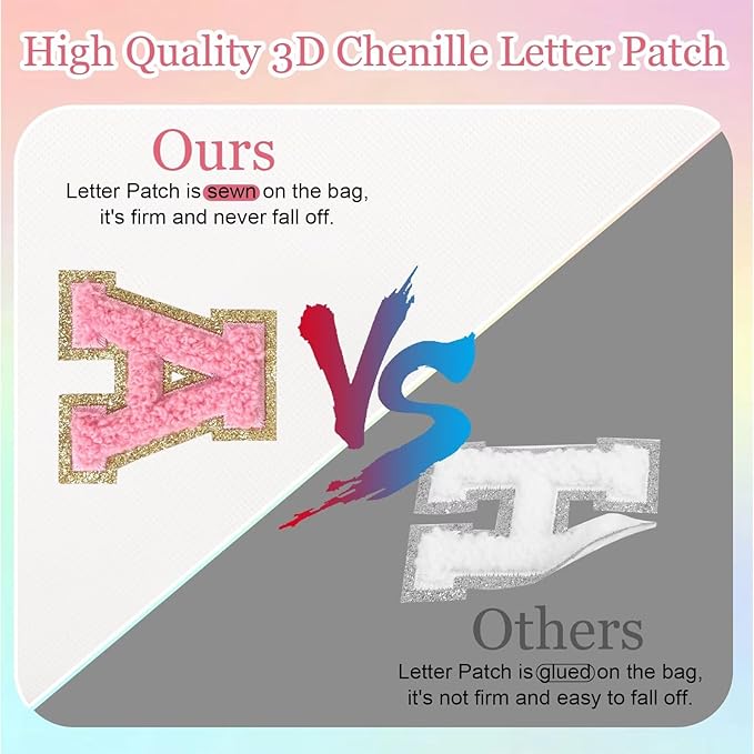 Small Personalized Letter Makeup Bag, Cute PU Leather Chenille Letters Cosmetic Bag Travel Makeup Pouch, Preppy Travel Organizer Zipper Pouch for Women&Girls（WhitePink-V）