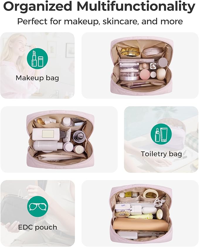 BAGSMART Puffy Makeup Bag, Wide Opening Cosmetic Bag Compact & Spacious, Water-Resistant Travel Organizer Pouches for Women (Lavender)
