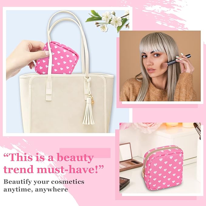 Nylon Mini Makeup Bag for Purse - Small Cute Cosmetic Zipper Pouch - Waterproof Travel Coin Pouch - Sanitary Napkin Storage - Make Up Organizer for Women & Girls (Pink Heart)