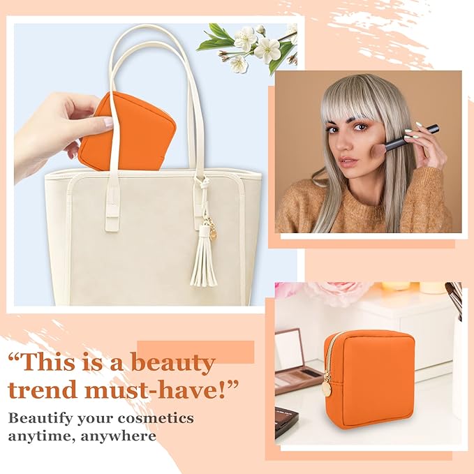 Nylon Mini Makeup Bag for Purse, Preppy Small Cute Makeup Bag Cosmetic Zipper Pouch Purse, Waterproof Travel Coin Pouch Sanitary Napkin Storage Bag Clutch Makeup Organizer Bag for Women Girls(Orange)
