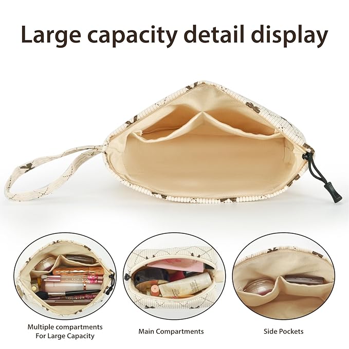 Makeup bag set small Cosmetic bag for women purse Corduroy Organizer with interior Pockets,cute Pencil zipper Pouch travel Toiletry Bag with handle(Beige Bowknot)