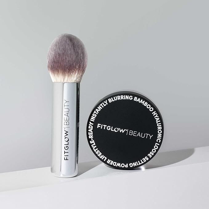 Fitglow Beauty Bamboo Hyaluronic Loose Setting Powder + Brush | Translucent Vegan Organic | Weightless Photo Finish | Pore Blurring | Natural Shine & Oil Control Makeup Finishing Powder | .32 oz / 9g