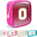 Mini Clear Personalized Initial Makeup Bag,Small Nylon Waterproof Zip Beach Cosmetic Pouch,Preppy A-Z Chenille Letter Patch Cute Coin Purse Travel Toiletry Bag Car Pack Bag for Women(Hot Pink-White O)