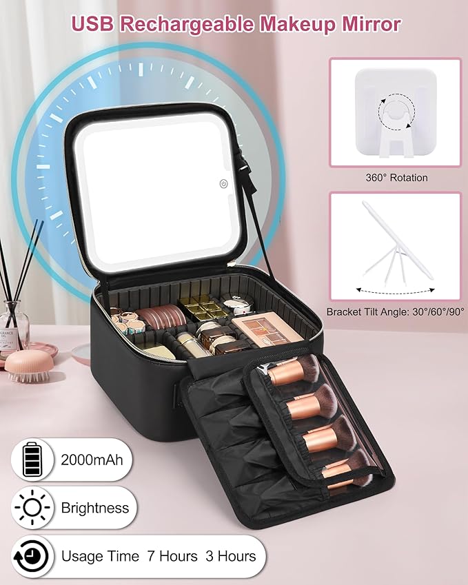 Relavel Initial Makeup Bag with LED Mirror for Women Girls, Personalized Travel Cosmetic Organizer Train Case, Birthday Gifts for Grandkids Bridesmaid Graduation Teacher Friends, Trendy Stuff, Black C