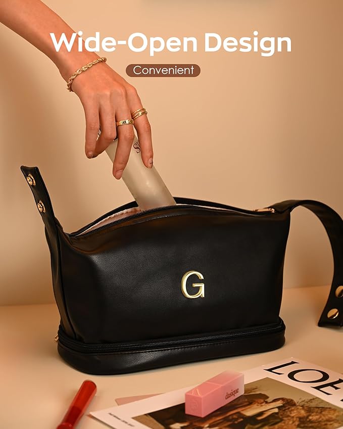 Gifts for Girl, Personalized Makeup Bag with Handle, Initial Double Layer Cosmetic Bag with Makeup Brush Organizer, PU Leather Travel Toiletry Bag, Gifts for Friends Female Mom