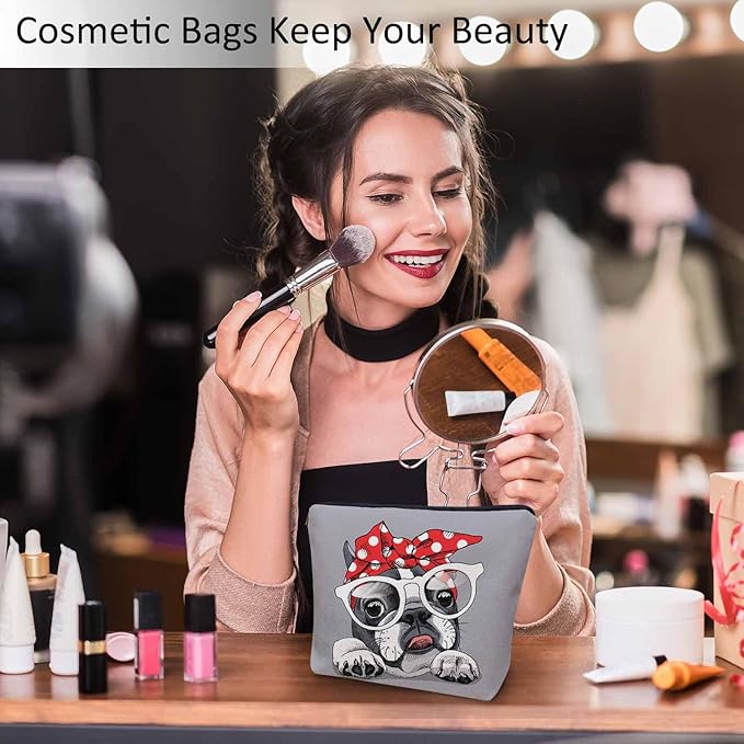 Makeup Bag French Bulldog Makeup Bags For Purse Pouch, Cute Puppy Bulldog Glasses Travel Toiletry Bag Cosmetic Bag Makeup Bags Flax Makeup Organizer Bag Pencil Pouch For Man Woman, Gray