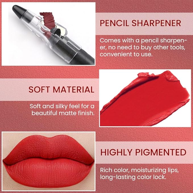 True Red Crayon Matte Lipstick Lip Liner Pencil, Moisture Smooth Lipstick Pencil, With pencil sharpener Sharpenable Lip Pencil, Ultimate Lip Crayon for Women Smudgeproof Waterproof 04#