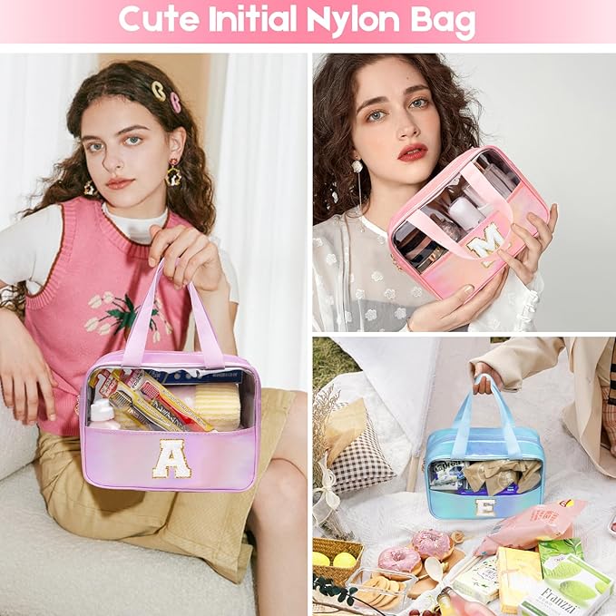 Personalized Initial Clear Makeup Bag Blue Cosmetic Bag Set Large Travel Toiletry Bag, Cute Clear Make Up Bags Organizer Bag for Girlfriend Teacher Gifts Teen Girl Gifts Trendy Stuff J (Blue)