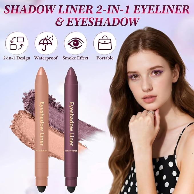 Shadow Liner 2-in-1 Eyeliner Eyeshadow, Shadow Liner Duo Plum Eyeshadow Stick, Eyeliner + Eye-shadow, Smudge-Proof & Waterproof, Smooth and Easy to Color (2PCS)