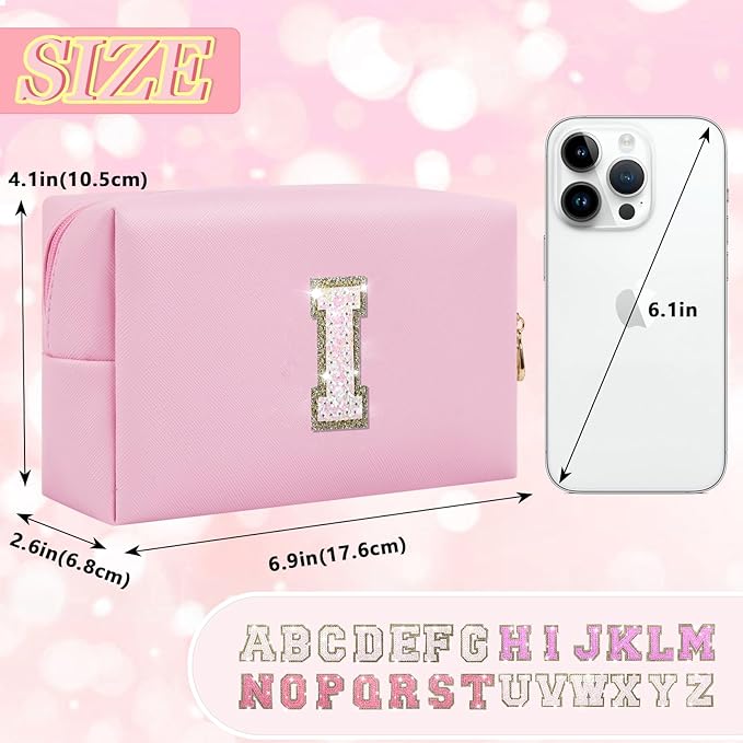 Initial Letter Patch Makeup Bag, Small Preppy A-Z Glitter Letter Cosmetic Bag, PU Leather Waterproof Travel Toiletry Bag, Cute Make Up Pouch Personalized Monogrammed Gift for Women Teen Girls