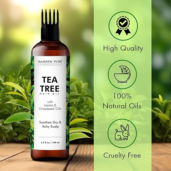 Majestic Pure 100% Pure Tea Tree Oil For Hair Growth - Strengthening, Nourishing, Volumizing - Infused with Jojoba Oil & Grapeseed Oil - Non GMO Verified - 6.7 Fl Oz