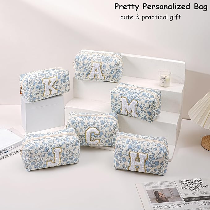 Gleyemor Personalized Initial Makeup Bag for Women, Cute Quilted Blue Floral Cotton Cosmetic Bag, Christmas Gifts for Her Mom Friend Sister Bridesmaid Teacher Women G