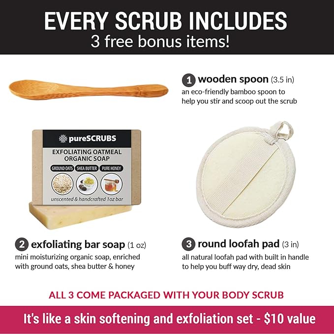 pureSCRUBS Premium Unscented Body Scrub Set - Large 16oz Dead Sea Salt Body Scrub With Infused Essential Oils & Nutrients, Includes Wooden Spoon, Loofah & Oatmeal Exfoliating Bar Soap