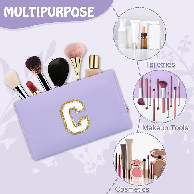 Personalized Initial Preppy Makeup Bag, Small Purple Cute Travel Toiletry Zipper Pouch Monogram Cosmetic Organizer,PU Waterproof Glitter Makeup Storage Case Gifts for Female Coworker Friends(Letter C)