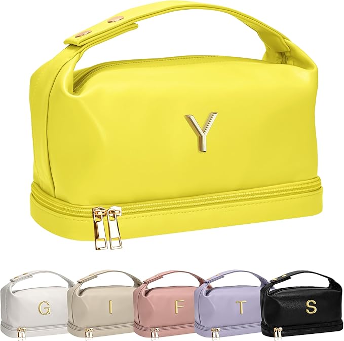 Teenage Girls Gifts Ideas, Personalized Makeup Bag with Handle, Initial Double Layer Cosmetic Bag with Makeup Brush Organizer, Cute Cosmetic Pouch for Women, Gifts for Friends Female Mom